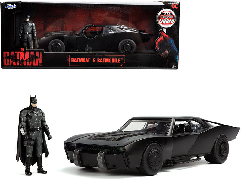 Batmobile Mattschwarz mit Lichtern mit Batman Die-Cast Figur "The Batman" (2022) Film "DC Comics" 1/18 Diecast Modellauto von Jada