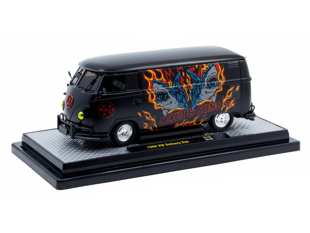 1960 Volkswagen Lieferwagen „Maui & Sons“ Schwarz mit Grafiken, limitierte Auflage von 4050 Stück weltweit, 1:24 Diecast Modellauto von M2 Machines