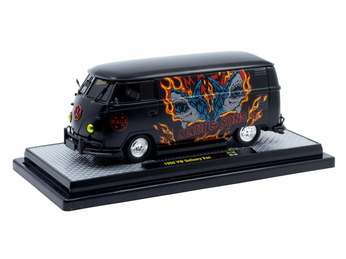 1960 Volkswagen Lieferwagen „Maui & Sons“ Schwarz mit Grafiken, limitierte Auflage von 4050 Stück weltweit, 1:24 Diecast Modellauto von M2 Machines