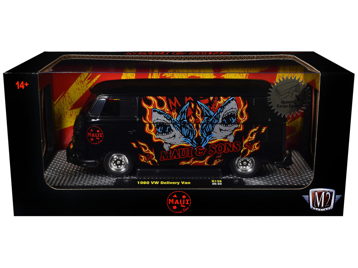 1960 Volkswagen Lieferwagen „Maui & Sons“ Schwarz mit Grafiken, limitierte Auflage von 4050 Stück weltweit, 1:24 Diecast Modellauto von M2 Machines