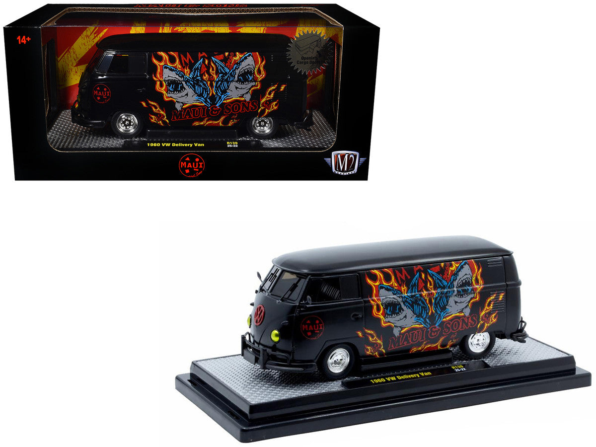 1960 Volkswagen Lieferwagen „Maui & Sons“ Schwarz mit Grafiken, limitierte Auflage von 4050 Stück weltweit, 1:24 Diecast Modellauto von M2 Machines