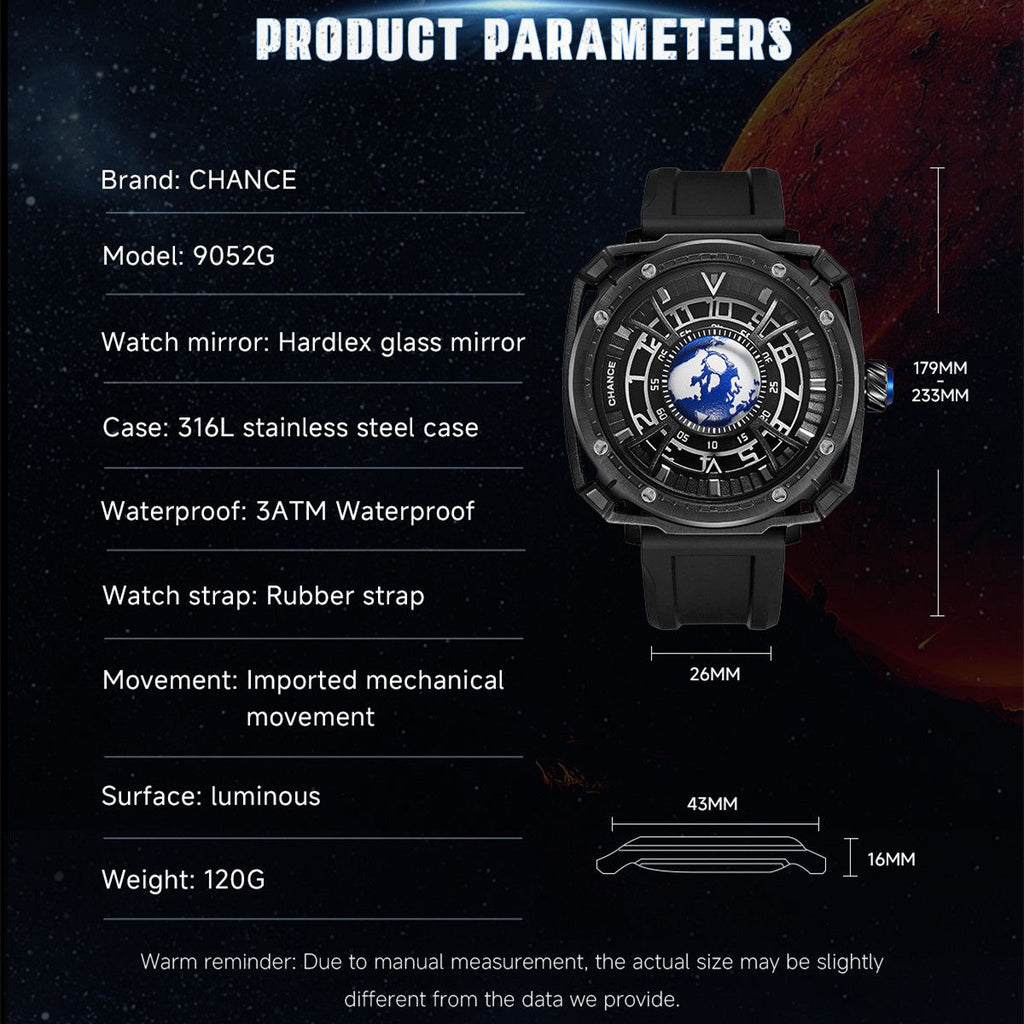 CHANCE Luxury Men Mechanical Wristwatch Automatic Watch Stainless Steel Case Sports Silicone Strap Luminous Watches Clock 9052-2