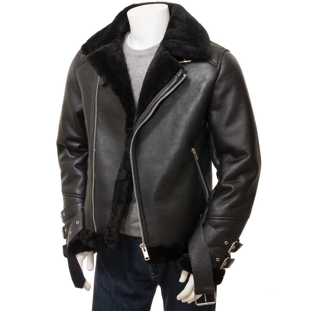 MEN BLACK SHEARLING BIKER JACKET ELLINGTON-1