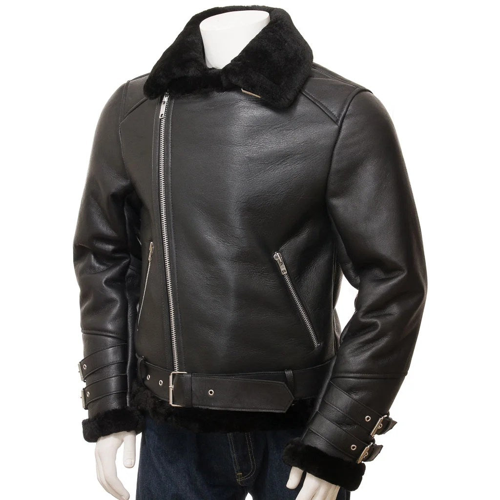 MEN BLACK SHEARLING BIKER JACKET ELLINGTON-2