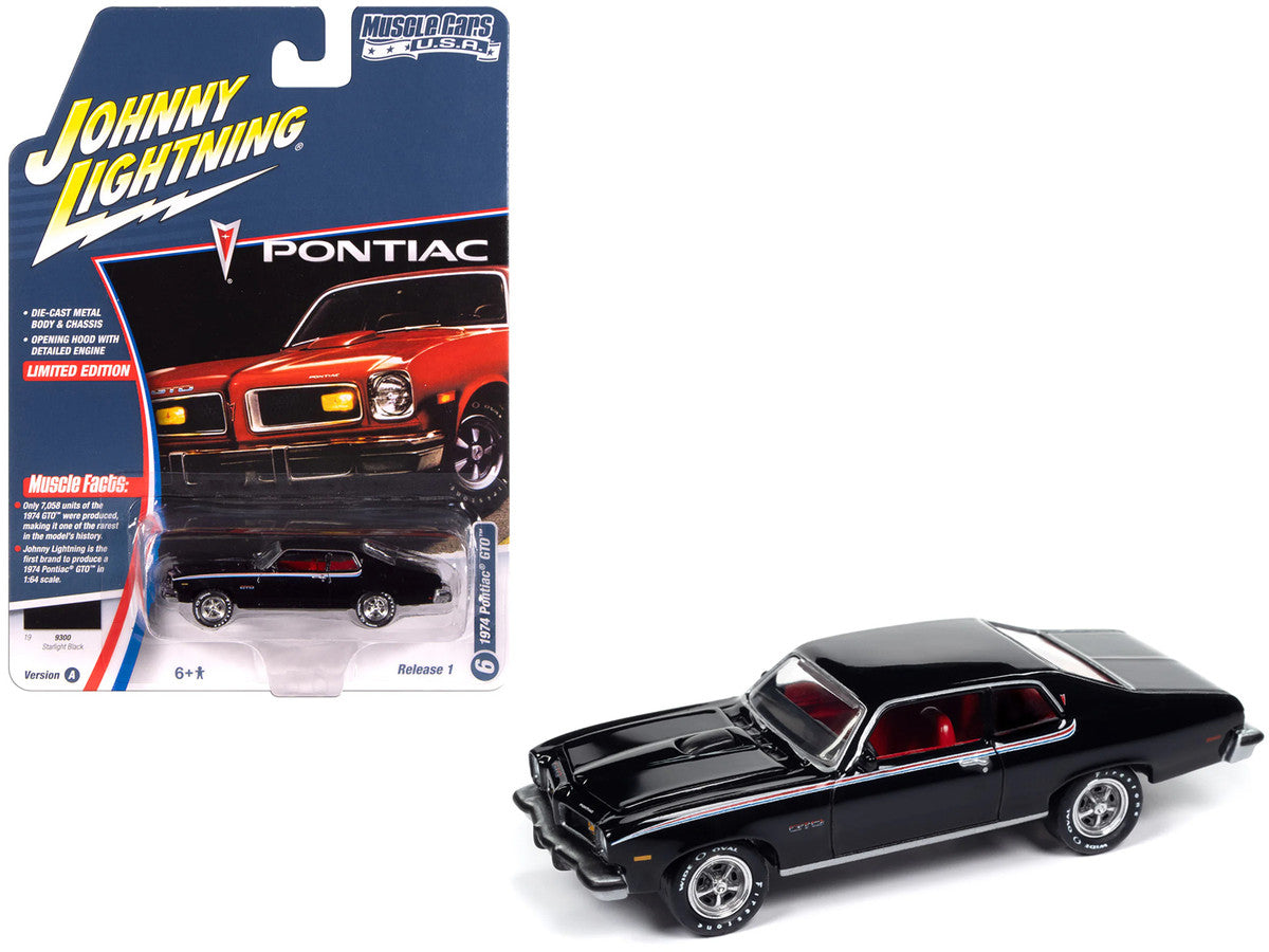 1974 Pontiac GTO Starlight Black mit roter Innenausstattung "Muscle Cars USA" Serie 1/64 Diecast Modellauto von Johnny Lightning
