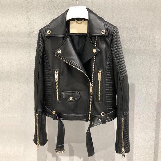 Sleuve Luxury Genuine Sheepskin Leather Biker Jacket for Women