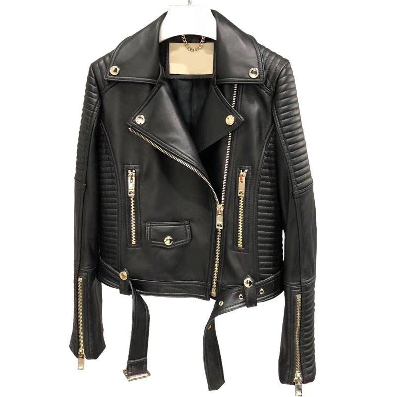 Sleuve Luxury Genuine Sheepskin Leather Biker Jacket for Women