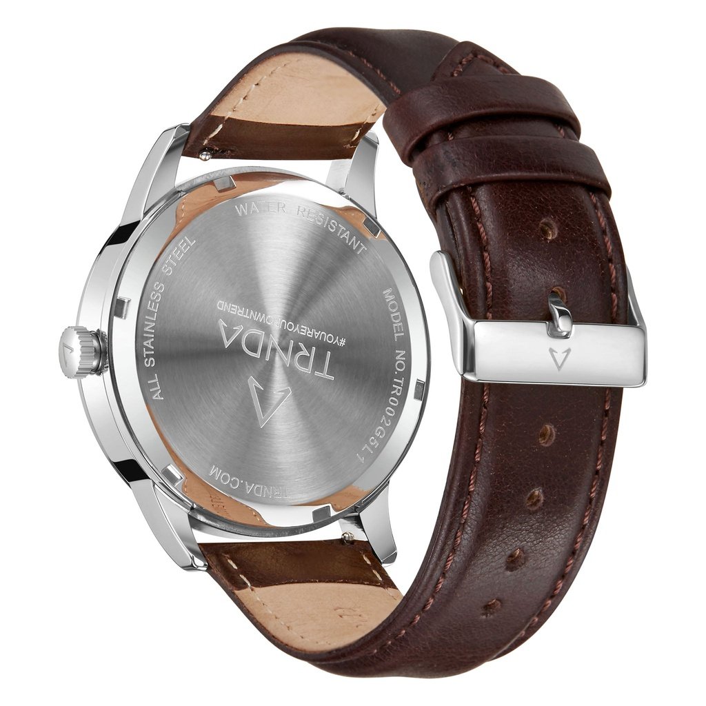 Trnda Men's Stainless Steel Watch, Brown Leather Band | Trn-Ss43b-3