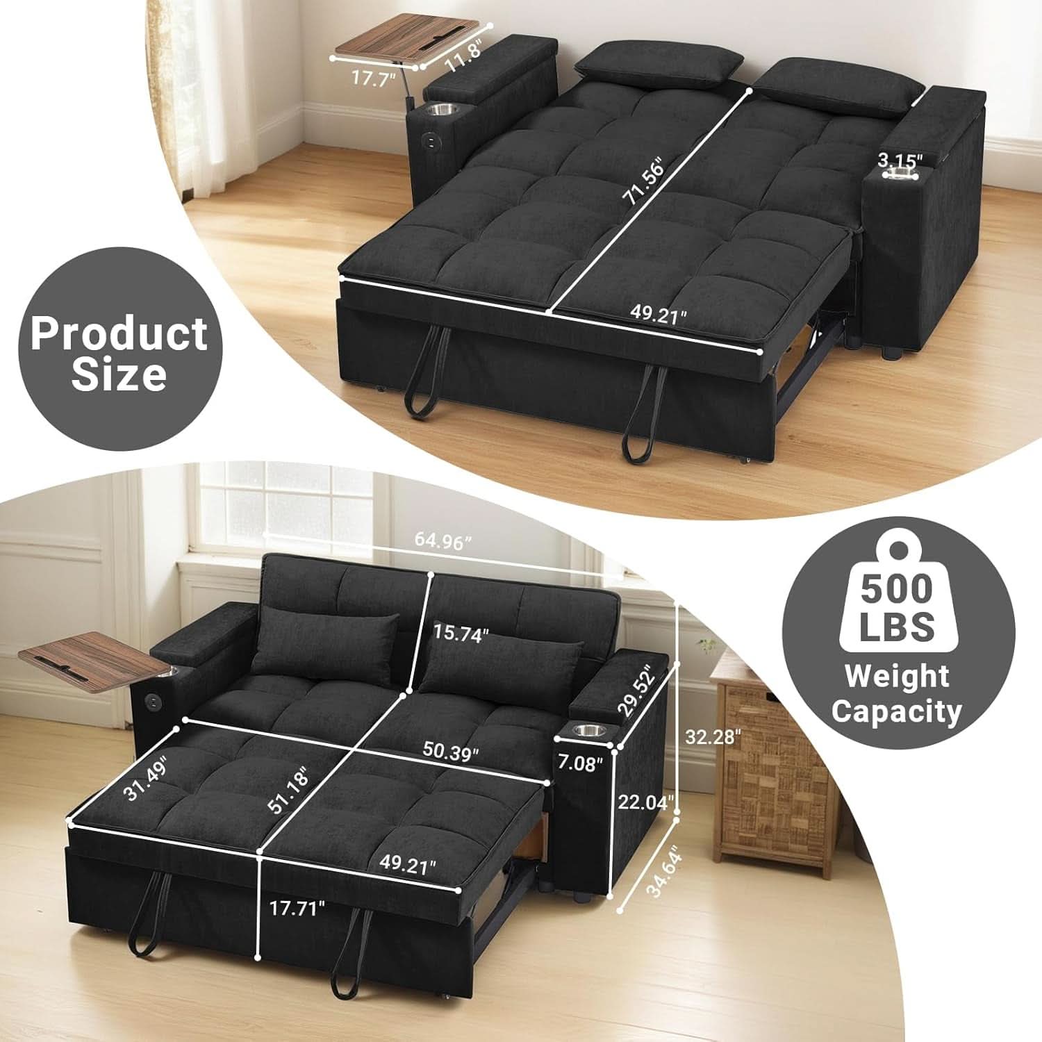 65Zoll Verwandlungsfähiges Schlafsofa Schwarz USB-Anschluss