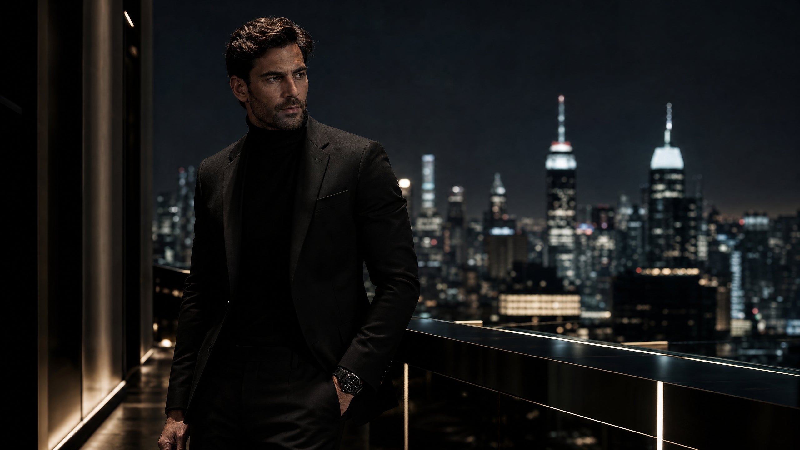 Nickcorner hero - confident man in black on city rooftop at night