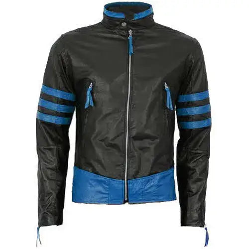 Men’s Black Leather Motorcycle Racing Jacket with Blue Stripes-0