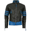 Men’s Black Leather Motorcycle Racing Jacket with Blue Stripes-0