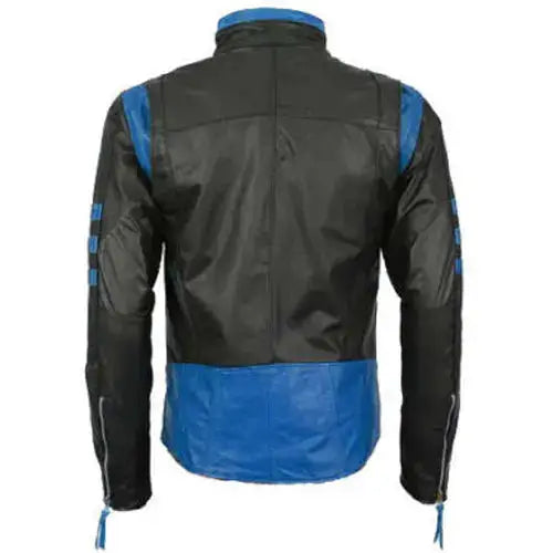 Men’s Black Leather Motorcycle Racing Jacket with Blue Stripes-1