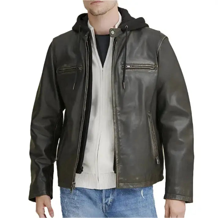 Herren Kapuzen-Bikerlederjacke