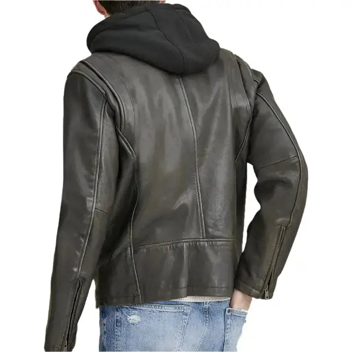 Herren Kapuzen-Bikerlederjacke