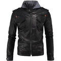 Men's Hooded Motorcycle Brando Style Biker Leather Jacket-0