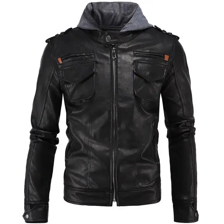Men's Hooded Motorcycle Brando Style Biker Leather Jacket-0