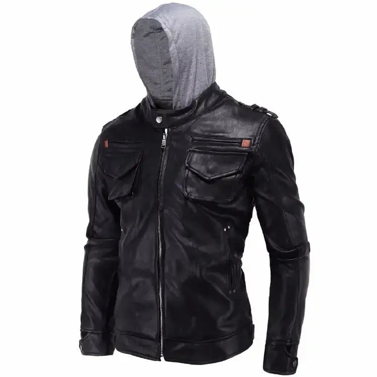 Men's Hooded Motorcycle Brando Style Biker Leather Jacket-3
