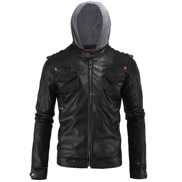 Men's Hooded Motorcycle Brando Style Biker Leather Jacket-2